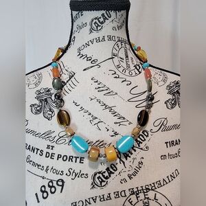 Tutquoise, Amber&Tigers Eye Gemstone Necklace & Earrings